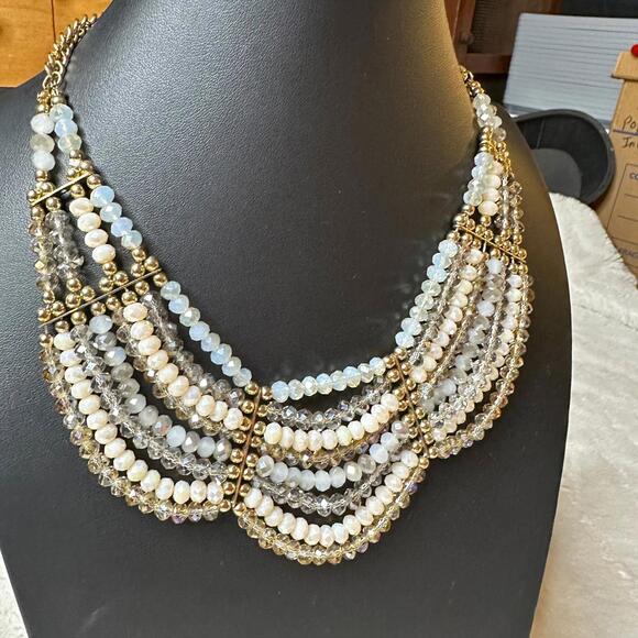 Multicolor Beaded Bib Necklace Glam Adjustable 10" Statement Piece - Picture 3 of 6